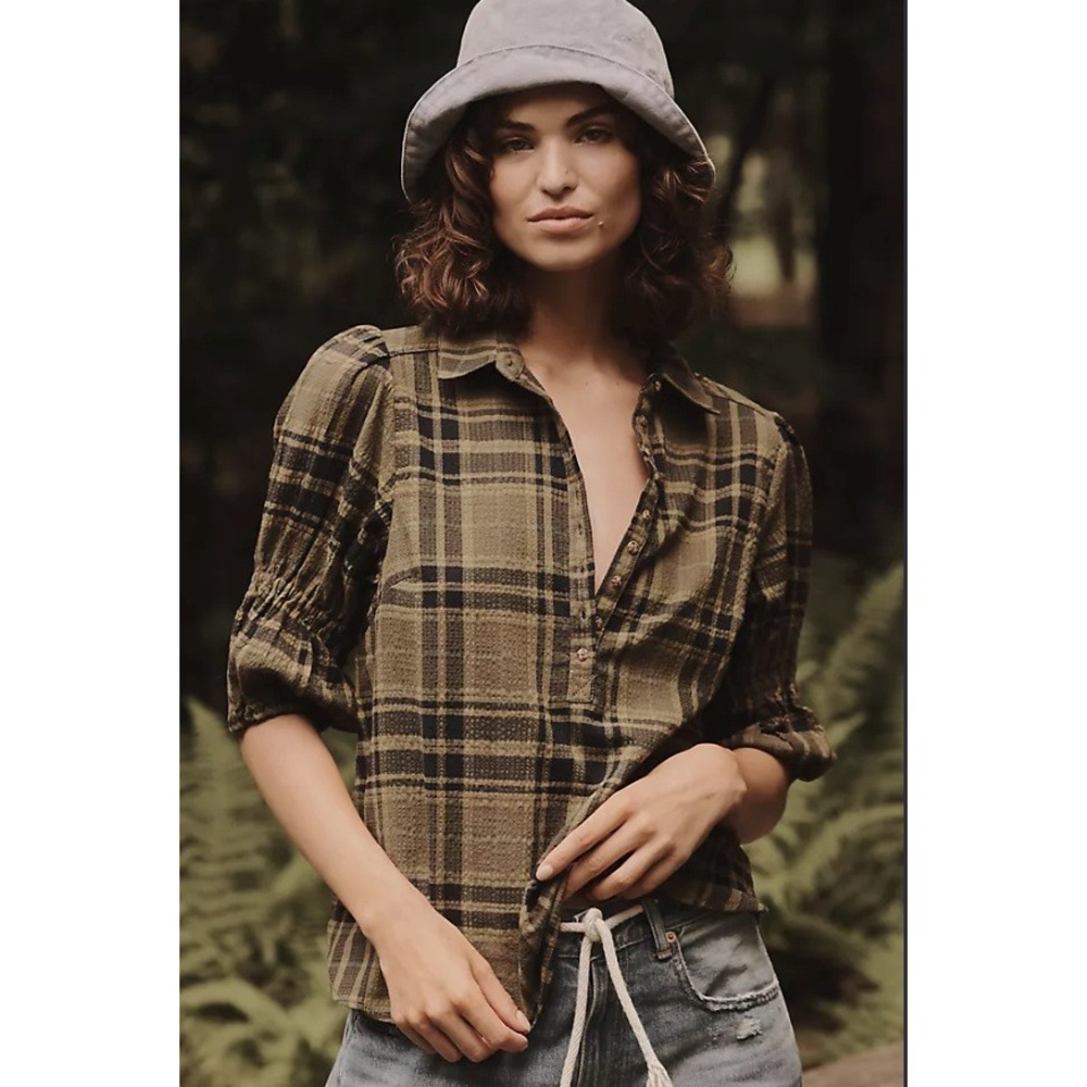 Pilcro Anthropologie The Tallulah Puff Sleeve Plaid Buttondown Top Boho Size XL
